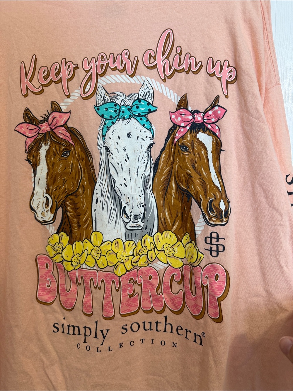 Simply Southern Peach Tee with Pink, Yellow and Teal Horse Graphic